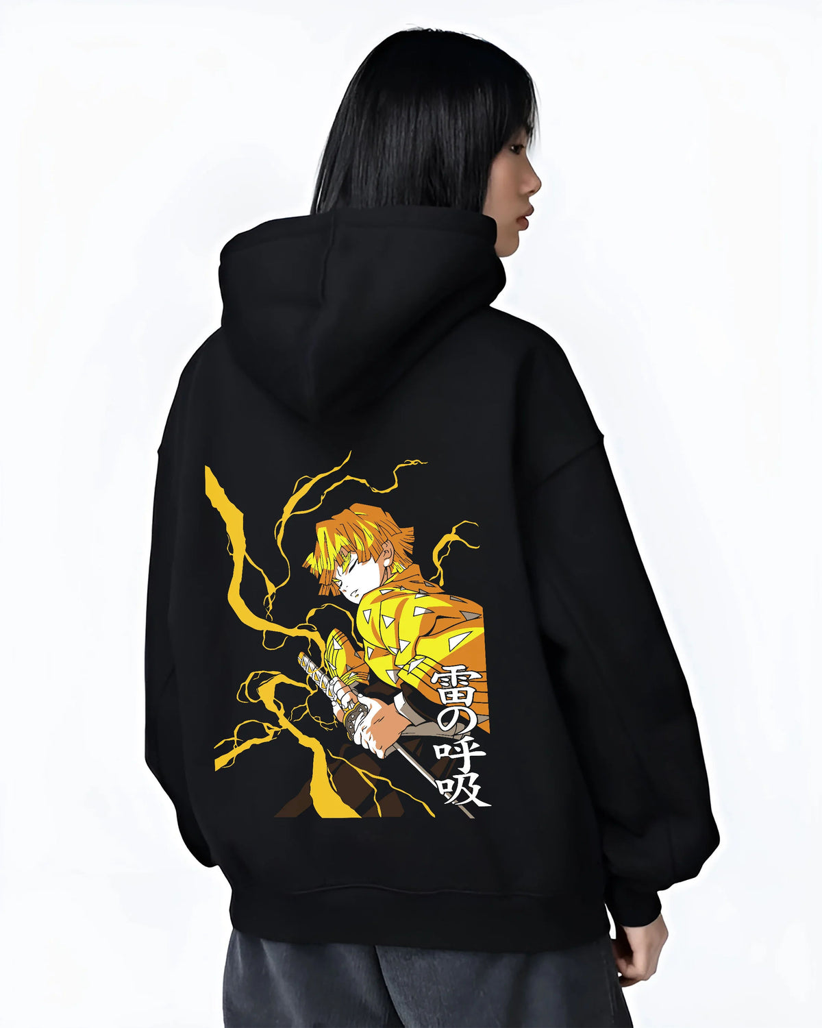 Black hoodie female model back view showing Zenitsu Agatsuma from Demon Slayer: lightning katana pose