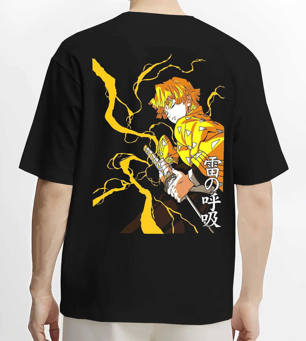 Black T-shirt model back view showing Zenitsu Agatsuma from Demon Slayer: lightning katana pose