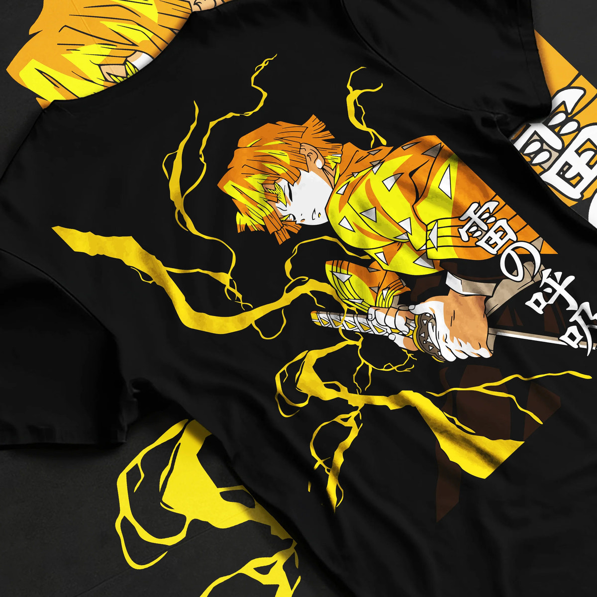 Black T-shirt flat back view showing Zenitsu Agatsuma from Demon Slayer: lightning katana pose