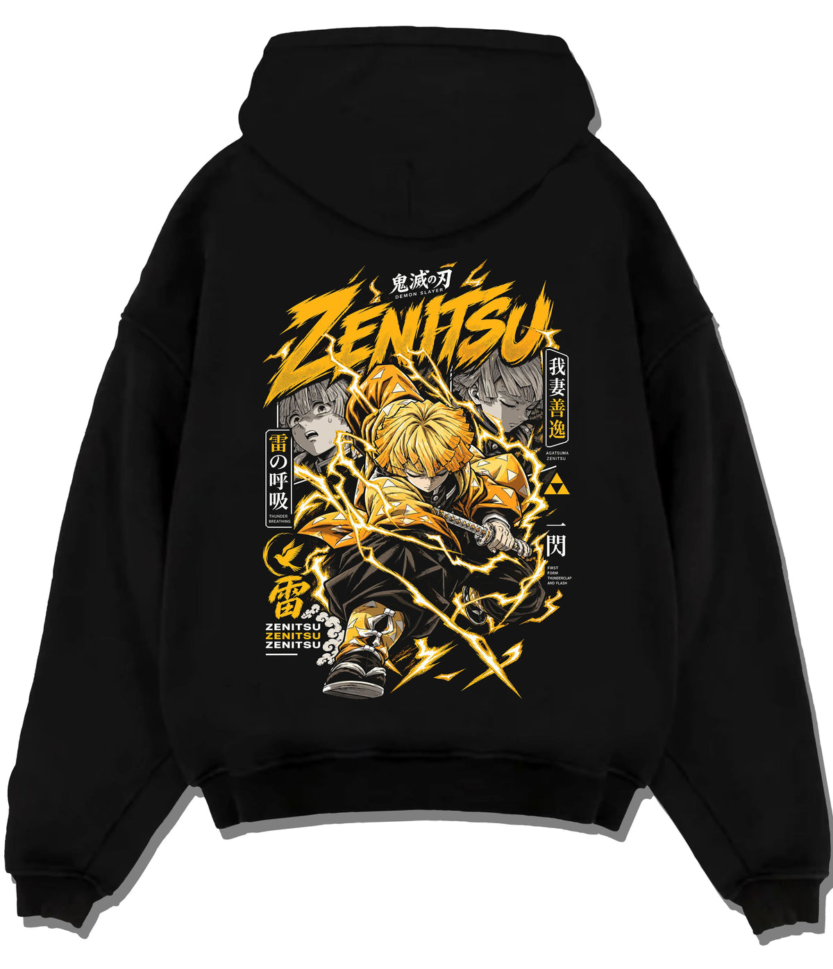 Black hoodie flat back view showing Zenitsu Agatsuma from Demon Slayer: thunderclap sword action poster