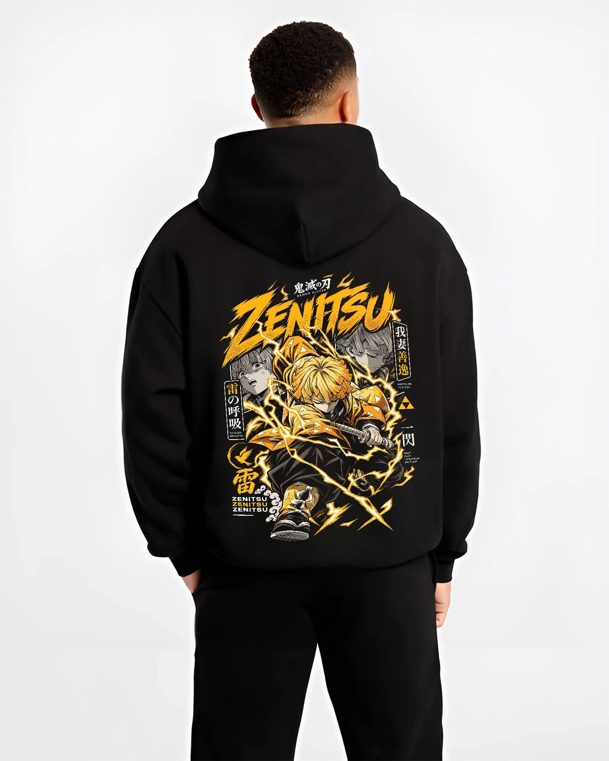 Black hoodie model back view showing Zenitsu Agatsuma from Demon Slayer: thunderclap sword action poster