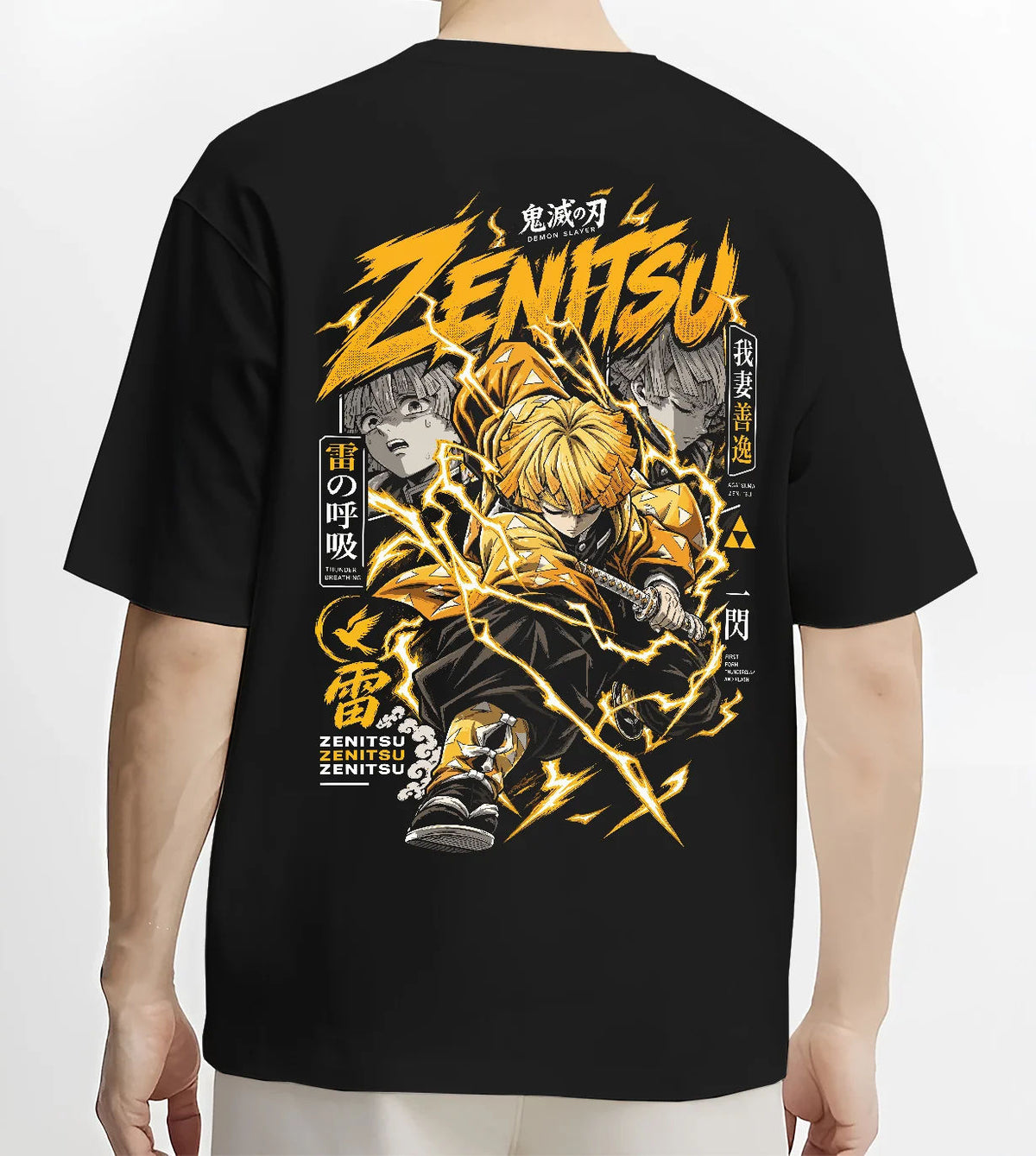 Black T-shirt model back view showing Zenitsu Agatsuma from Demon Slayer: thunderclap sword action poster