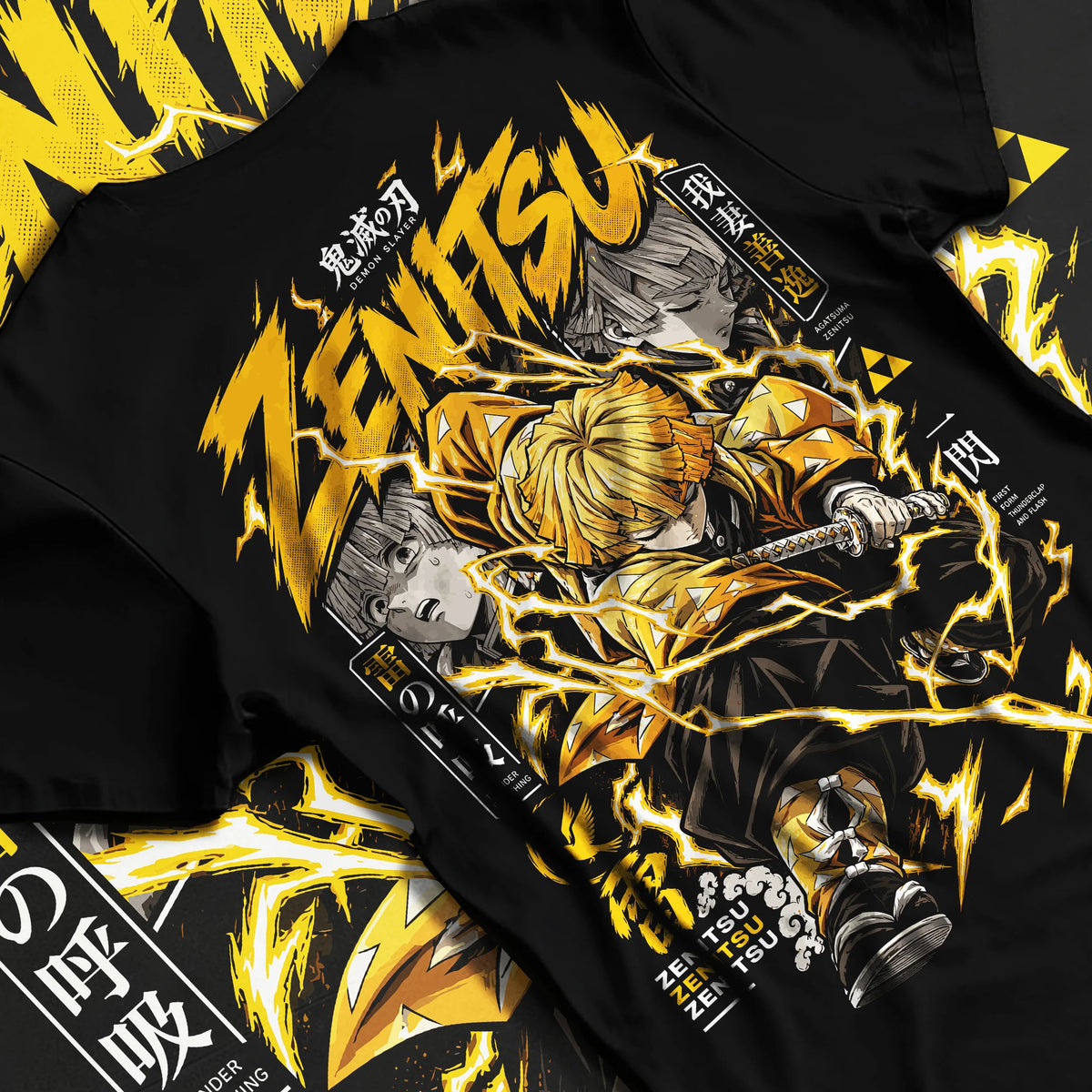 Black T-shirt flat back view showing Zenitsu Agatsuma from Demon Slayer: thunderclap sword action poster