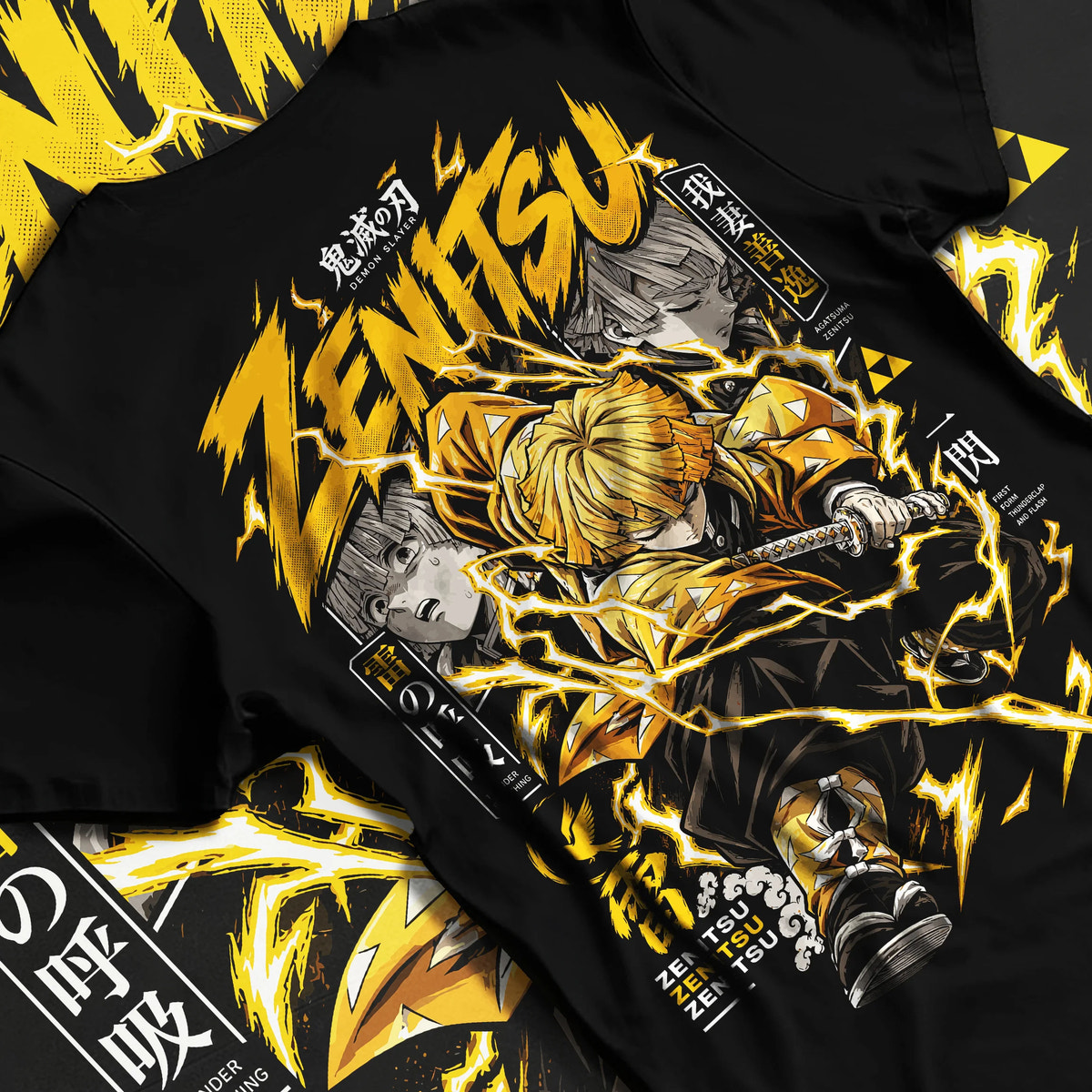 Black T-shirt flat back view showing Zenitsu Agatsuma from Demon Slayer: thunderclap sword action poster