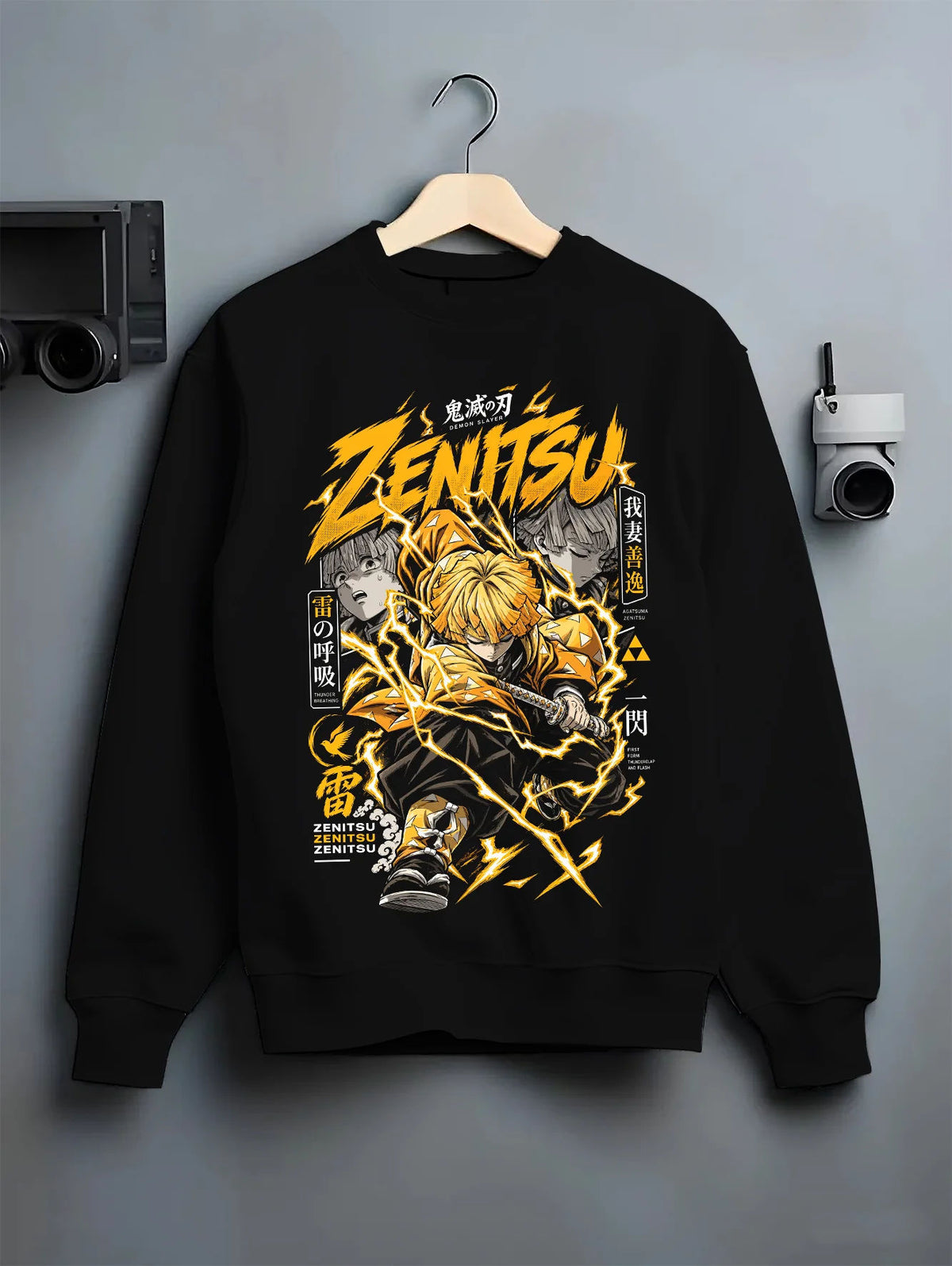 Black crewneck sweatshirt on hanger showing Zenitsu Agatsuma from Demon Slayer: thunderclap sword action poster