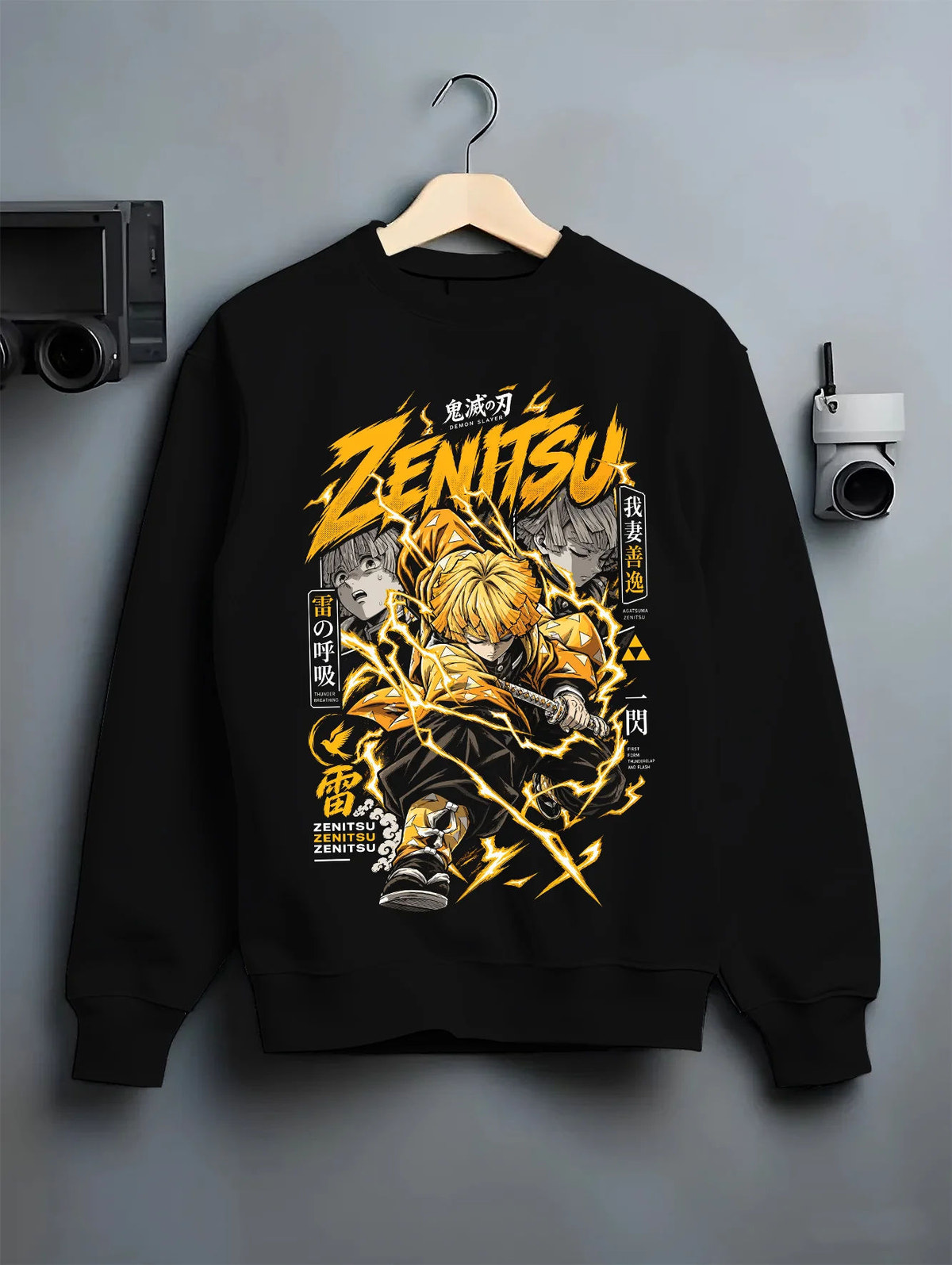 Black crewneck sweatshirt on hanger showing Zenitsu Agatsuma from Demon Slayer: thunderclap sword action poster