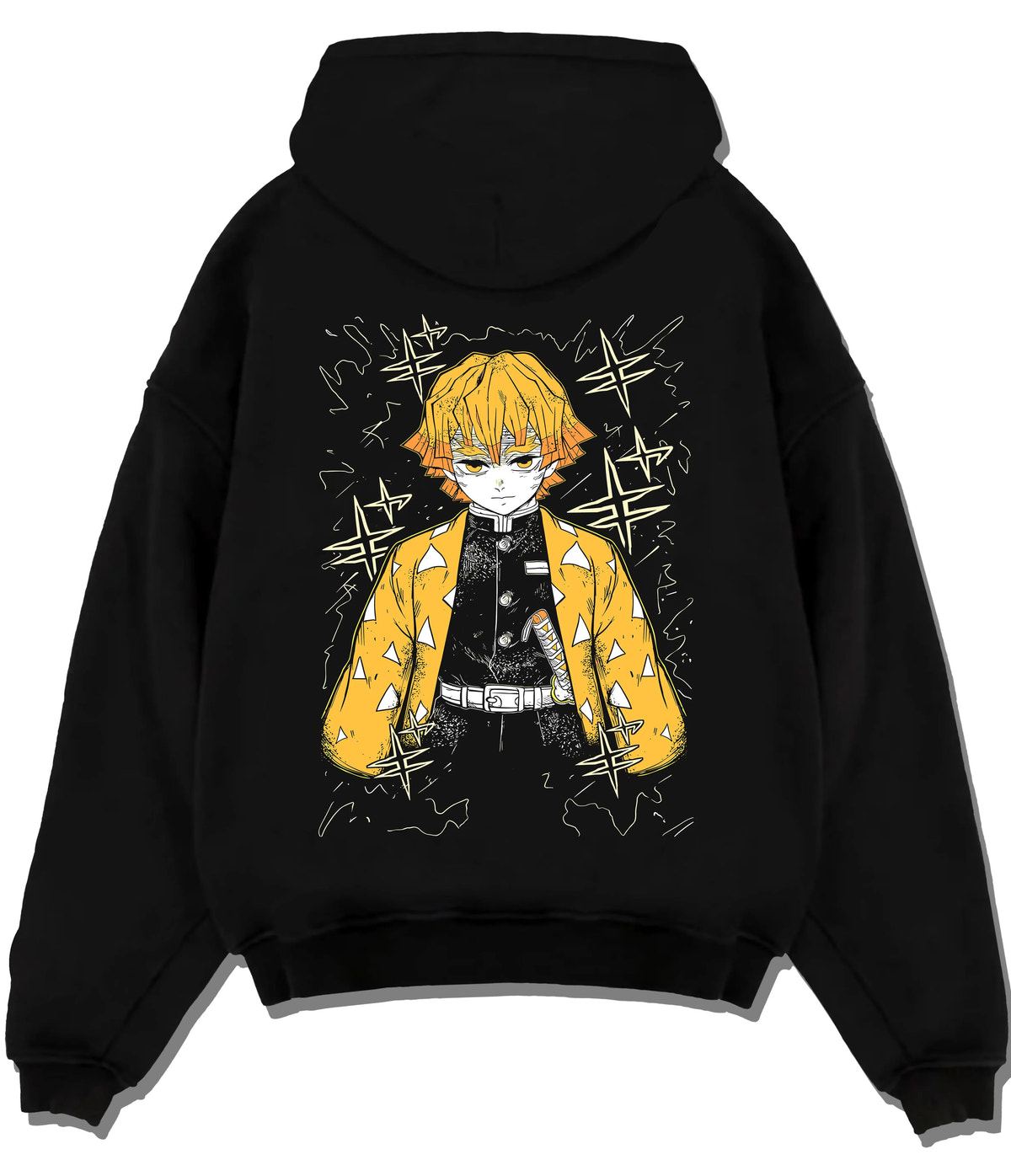 Black hoodie flat back view showing Zenitsu Agatsuma from Demon Slayer: yellow haori portrait