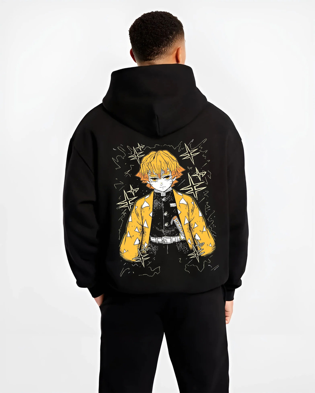 Black hoodie model back view showing Zenitsu Agatsuma from Demon Slayer: yellow haori portrait