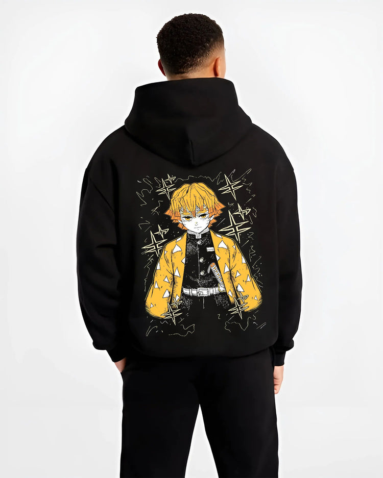 Black hoodie model back view showing Zenitsu Agatsuma from Demon Slayer: yellow haori portrait