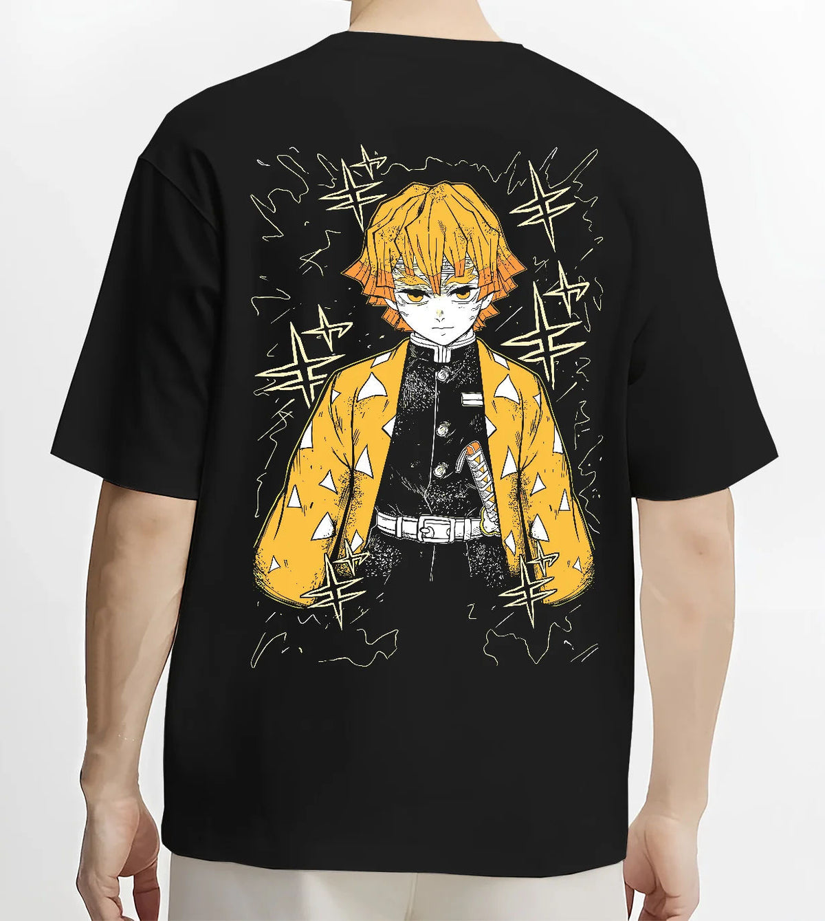 Black T-shirt model back view showing Zenitsu Agatsuma from Demon Slayer: yellow haori portrait