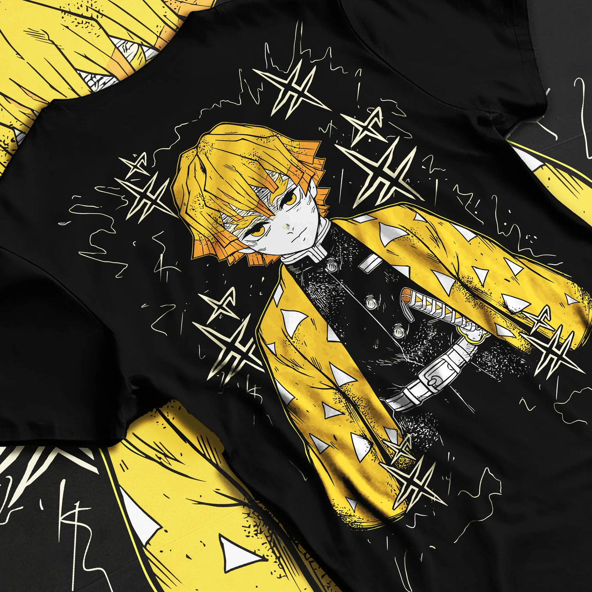 Black T-shirt flat back view showing Zenitsu Agatsuma from Demon Slayer: yellow haori portrait