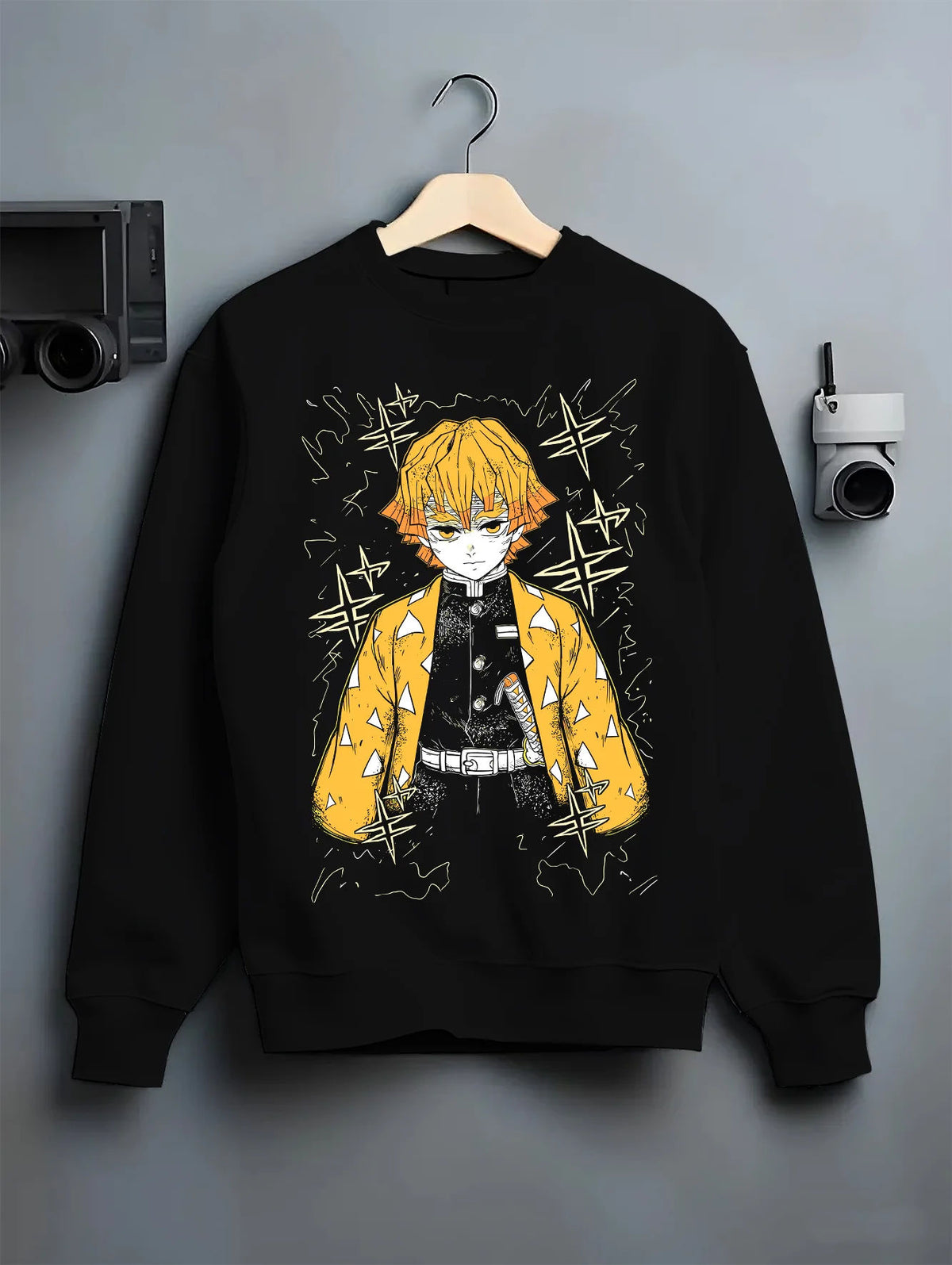 Black crewneck sweatshirt on hanger showing Zenitsu Agatsuma from Demon Slayer: yellow haori portrait