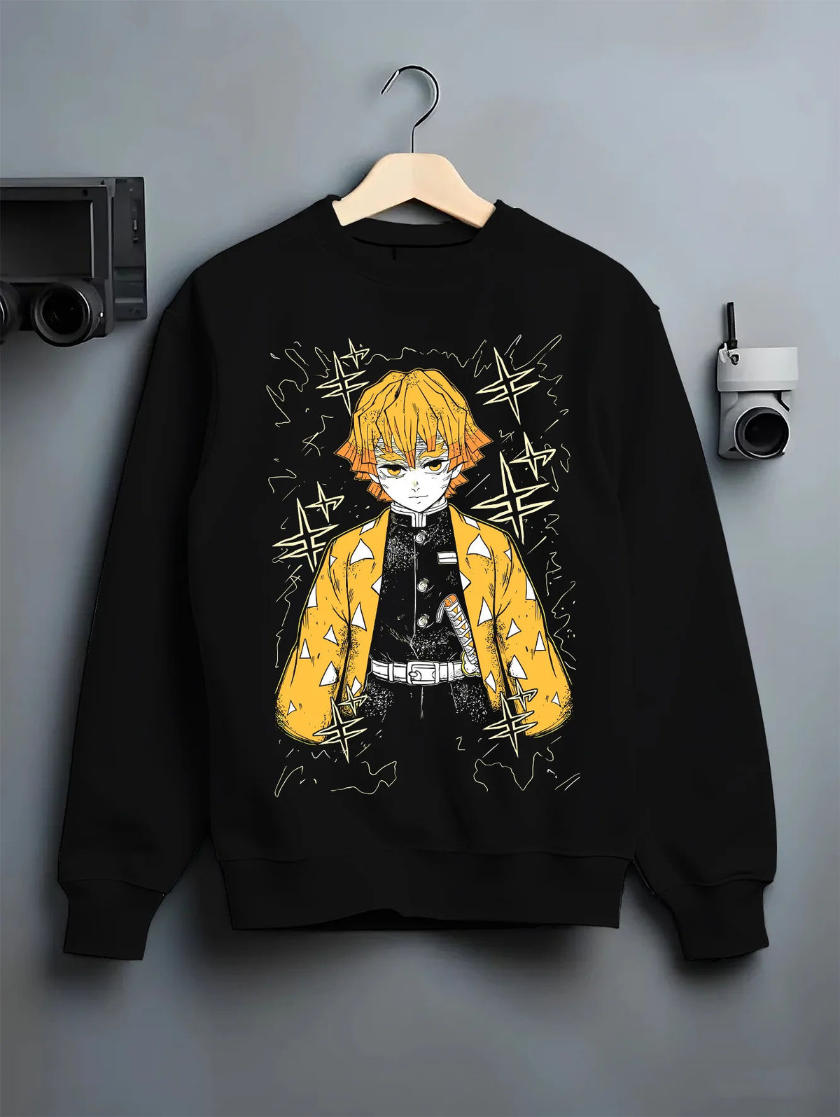 Black crewneck sweatshirt on hanger showing Zenitsu Agatsuma from Demon Slayer: yellow haori portrait