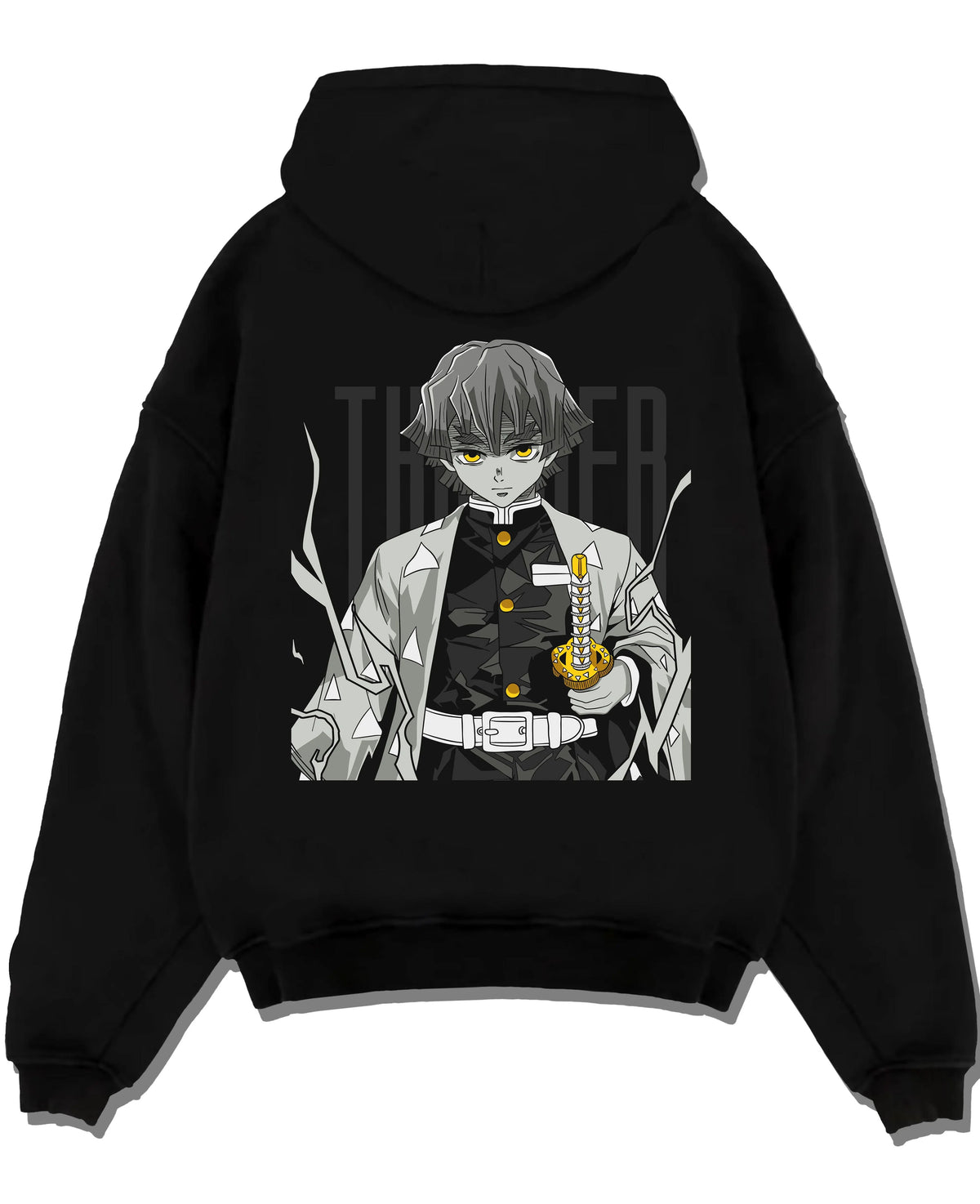Black hoodie laid flat featuring Zenitsu Agatsuma sleeping swordsman Demon Slayer artwork.