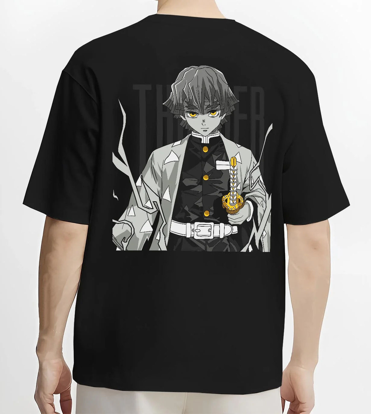 Black T-shirt worn by male model from the back featuring Zenitsu Agatsuma sleeping swordsman Demon Slayer artwork.