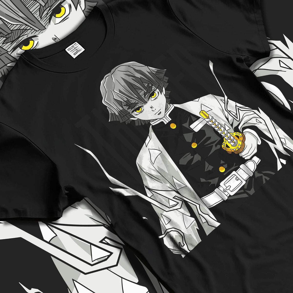 Black T-shirt laid flat with natural folds featuring Zenitsu Agatsuma sleeping swordsman Demon Slayer artwork.