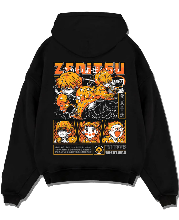 Black hoodie laid flat featuring Zenitsu Agatsuma Thunderclap and Flash Demon Slayer artwork.