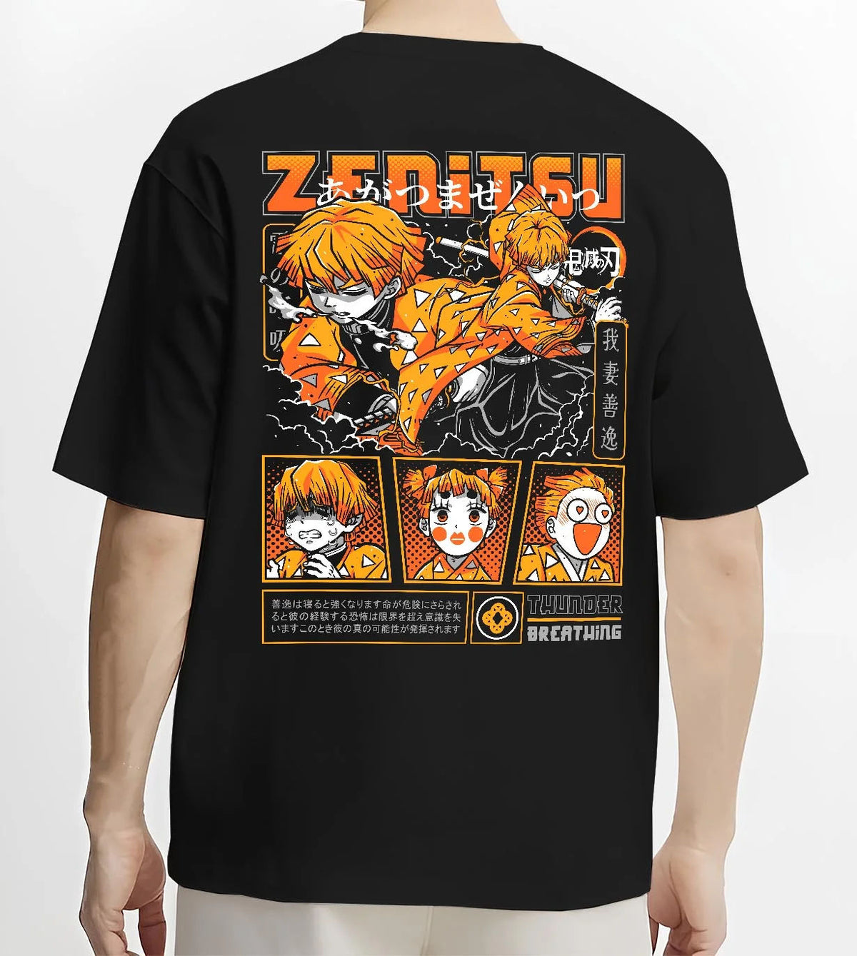 Black T-shirt worn by male model from the back featuring Zenitsu Agatsuma Thunderclap and Flash Demon Slayer artwork.