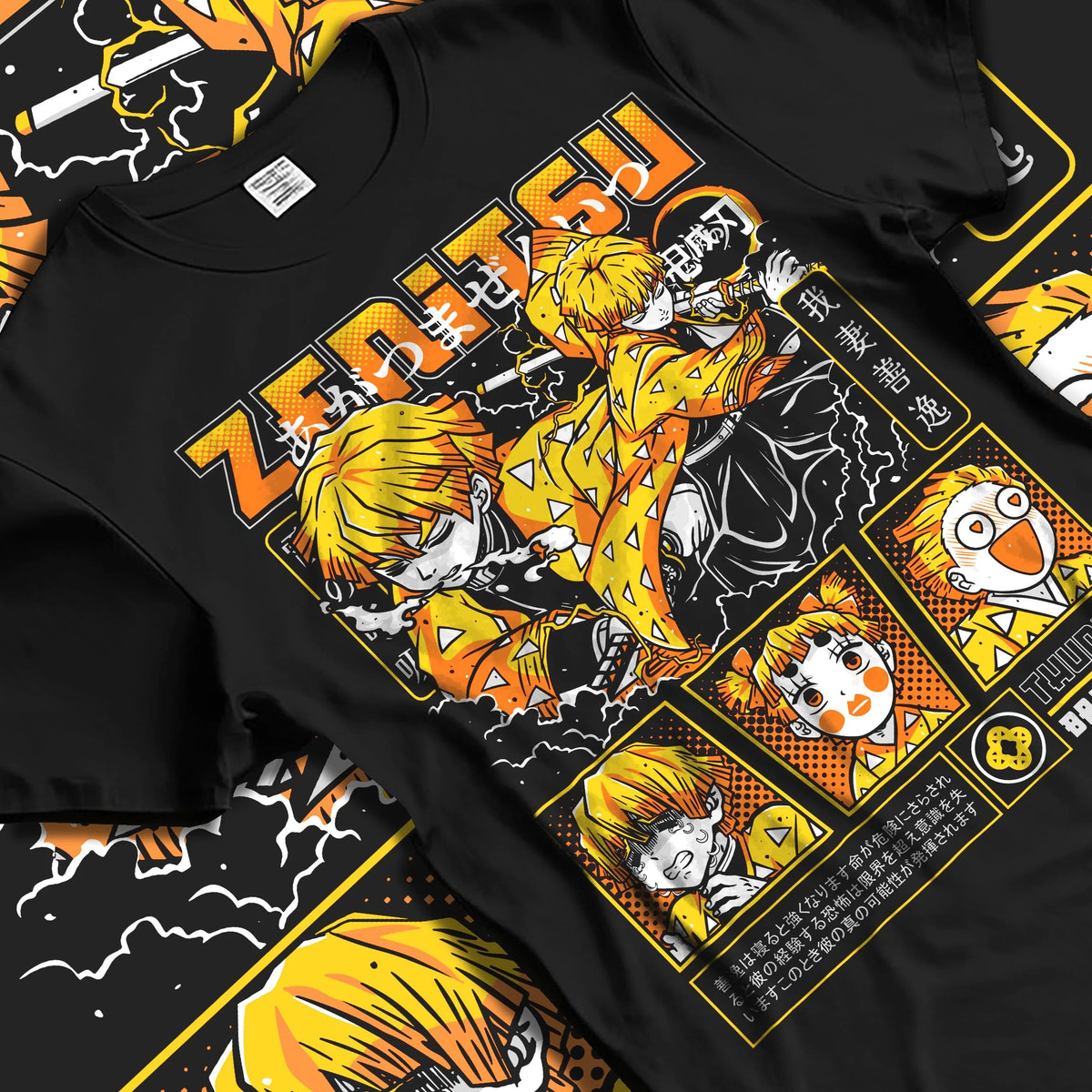 Black T-shirt laid flat with natural folds featuring Zenitsu Agatsuma Thunderclap and Flash Demon Slayer artwork.