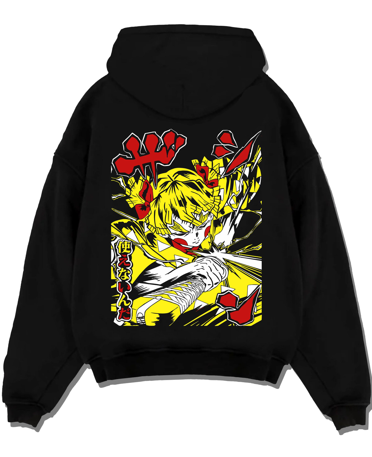 Black hoodie laid flat featuring Zenitsu Agatsuma yellow lightning Demon Slayer artwork.