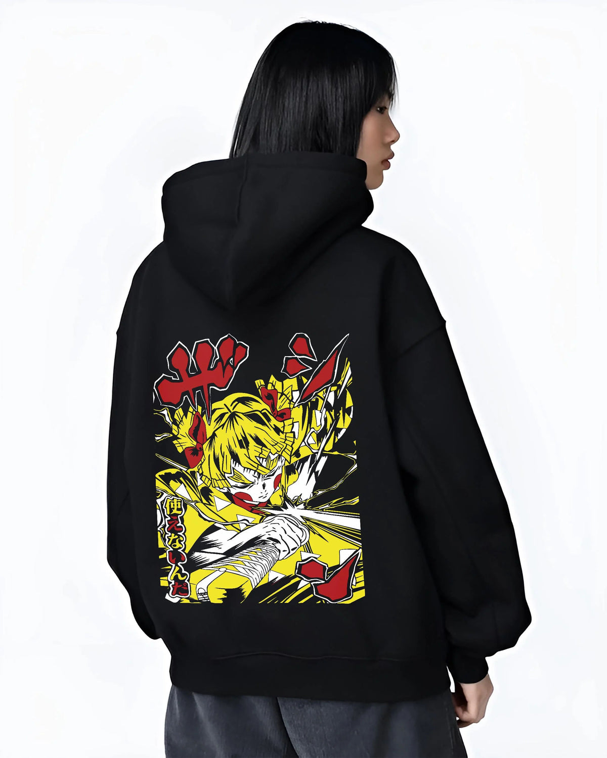 Black hoodie worn by female model from the back featuring Zenitsu Agatsuma yellow lightning Demon Slayer artwork.