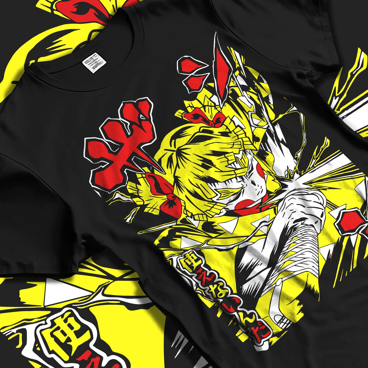 Black T-shirt laid flat with natural folds featuring Zenitsu Agatsuma yellow lightning Demon Slayer artwork.
