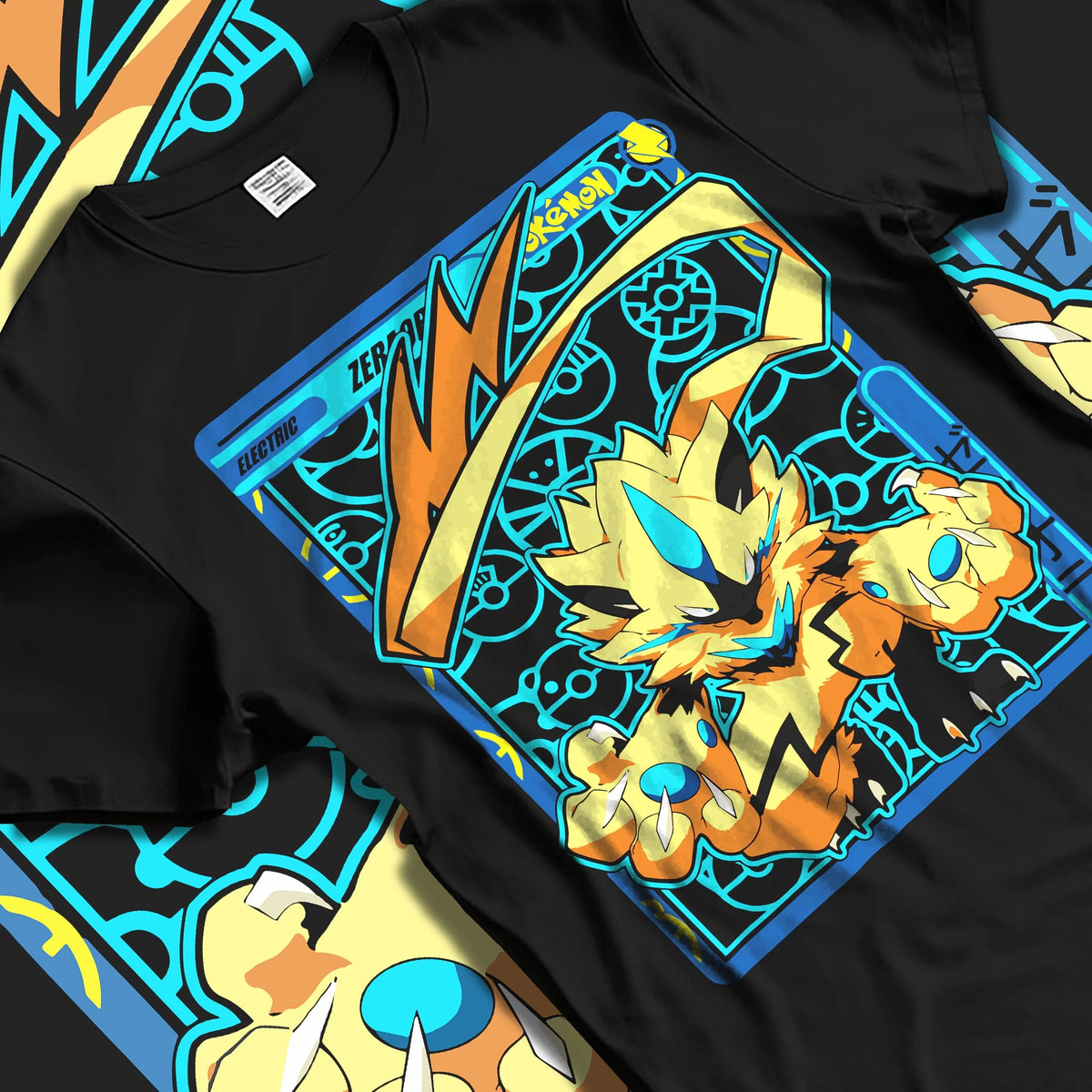 Black T-shirt laid flat with natural folds featuring Zeraora Electric Mythical Pokemon artwork.