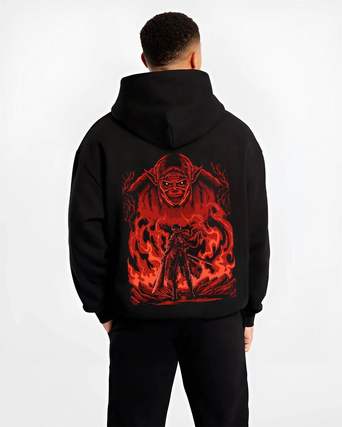 Black hoodie worn by male model from the back featuring Zeke Yeager Beast Titan Attack on Titan artwork.