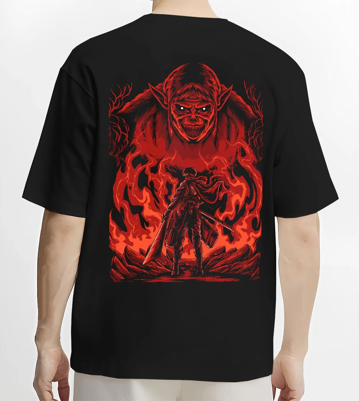 Black T-shirt worn by male model from the back featuring Zeke Yeager Beast Titan Attack on Titan artwork.