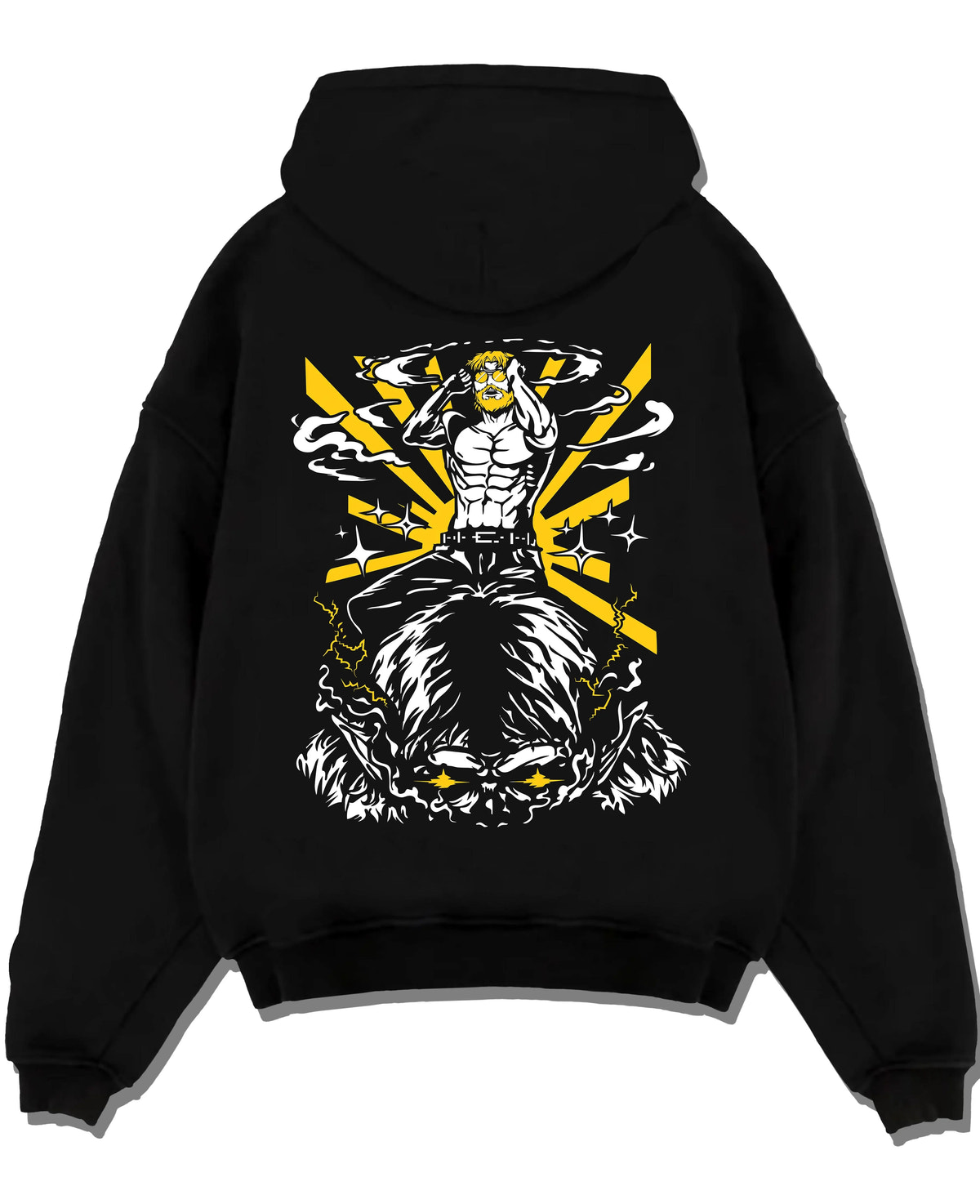 Black hoodie laid flat featuring Zeke Yeager Beast Titan transformation Attack on Titan artwork.