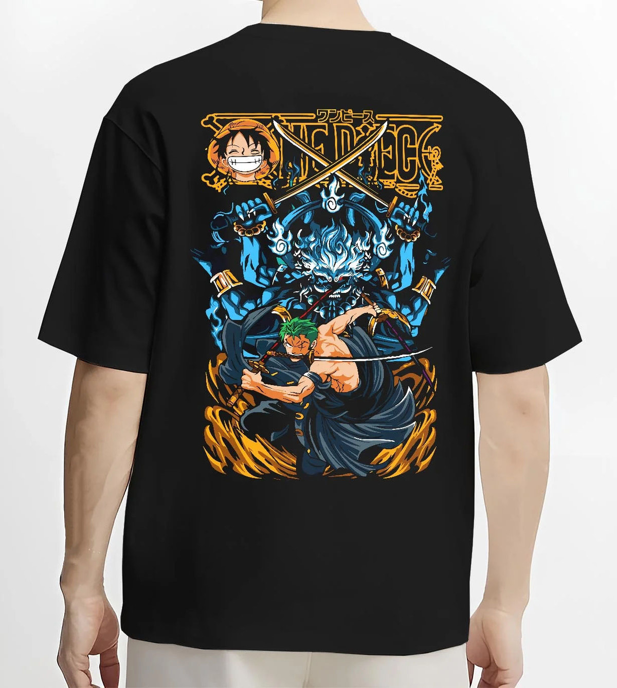 Black T-shirt worn by male model from the back featuring Roronoa Zoro Three Sword Style One Piece artwork.