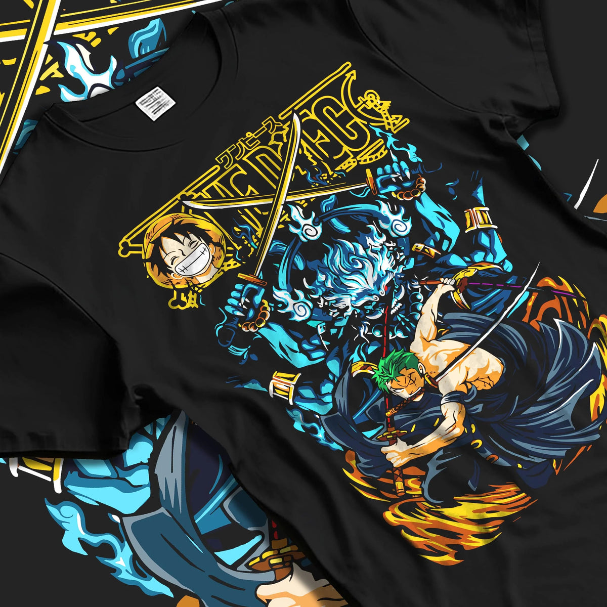 Black T-shirt laid flat with natural folds featuring Roronoa Zoro Three Sword Style One Piece artwork.