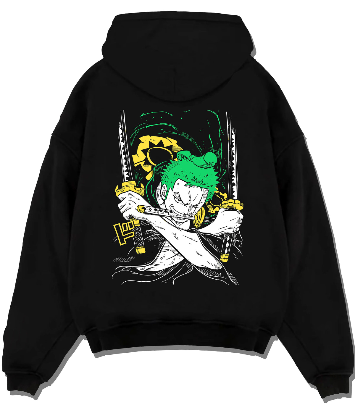 Black hoodie flat back view showing Roronoa Zoro from One Piece: green three-sword crossed-katana artwork