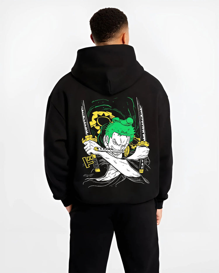 Black hoodie model back view showing Roronoa Zoro from One Piece: green three-sword crossed-katana artwork