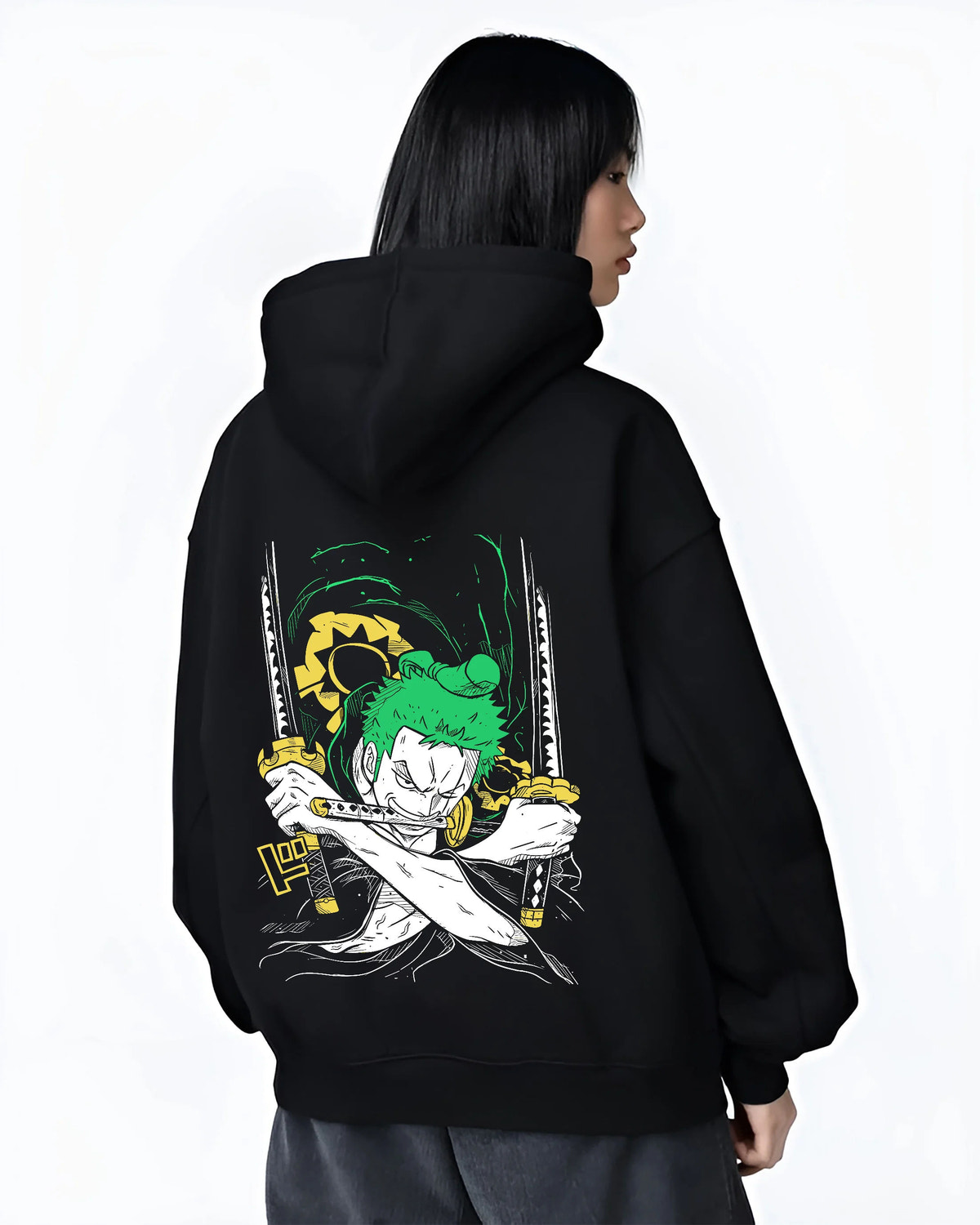 Black hoodie female model back view showing Roronoa Zoro from One Piece: green three-sword crossed-katana artwork
