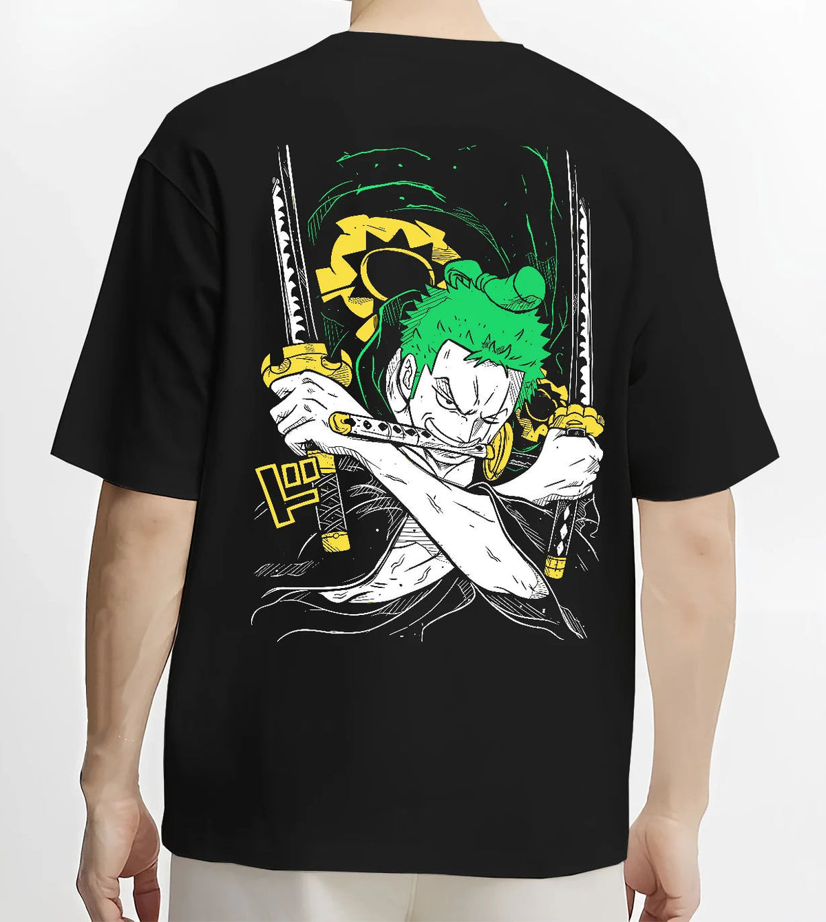 Black T-shirt model back view showing Roronoa Zoro from One Piece: green three-sword crossed-katana artwork