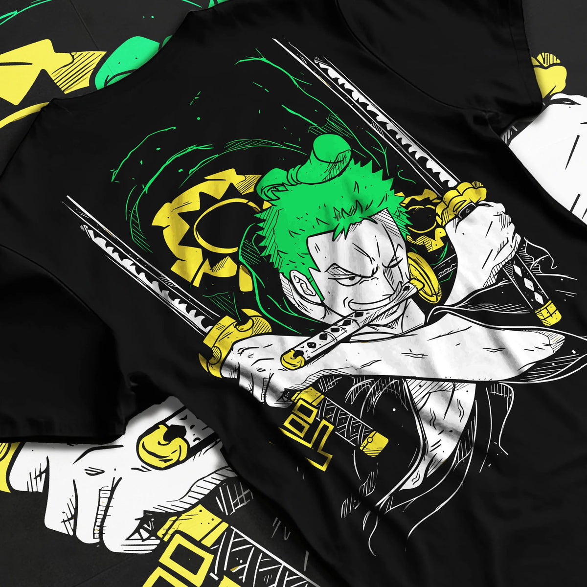 Black T-shirt flat back view showing Roronoa Zoro from One Piece: green three-sword crossed-katana artwork