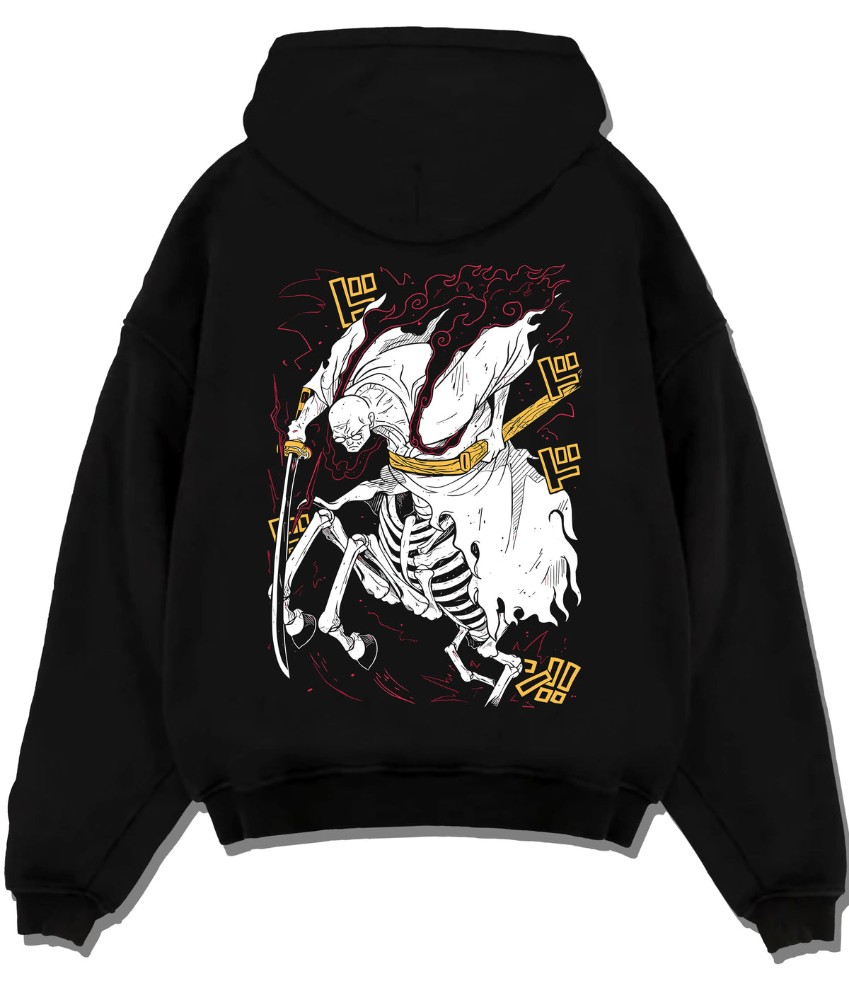 Black hoodie flat back view with Stylised skeleton swordsman with three swords from One Piece illustrated back graphic