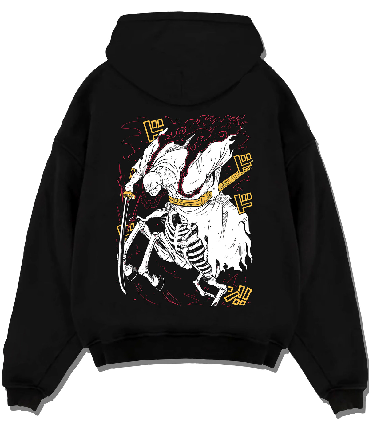 Black hoodie flat back view with Stylised skeleton swordsman with three swords from One Piece illustrated back graphic
