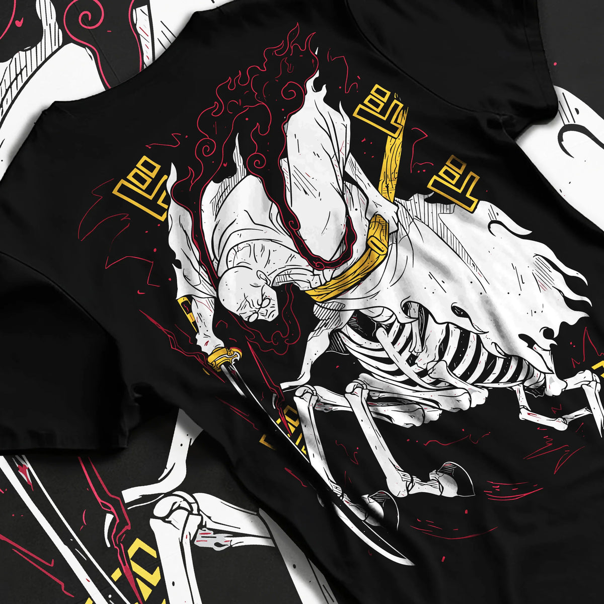 Black T-shirt flat back view with Stylised skeleton swordsman with three swords from One Piece illustrated back graphic