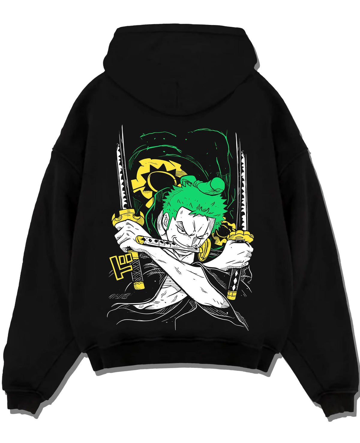 Black hoodie laid flat featuring Roronoa Zoro Santoryu green sword One Piece artwork.