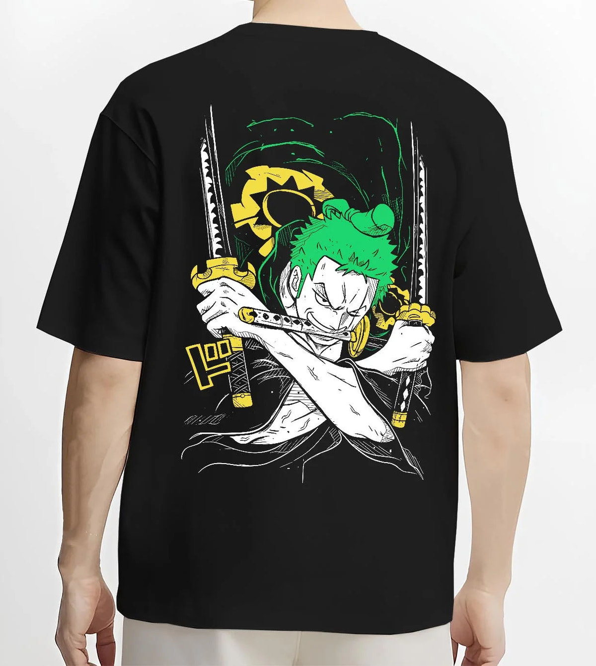 Black T-shirt worn by male model from the back featuring Roronoa Zoro Santoryu green sword One Piece artwork.