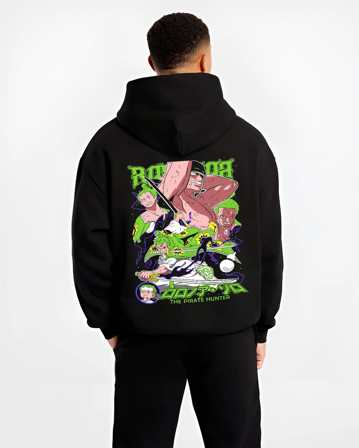 Black hoodie model back view showing Roronoa Zoro from One Piece: green-haired swordsman composition