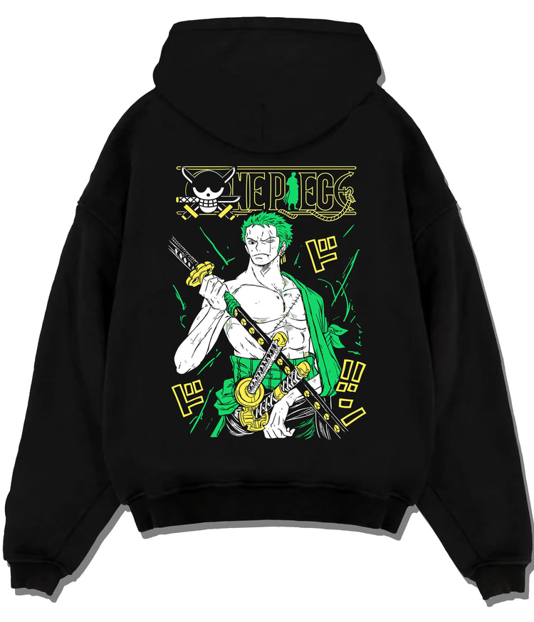 Black hoodie flat back view showing Roronoa Zoro from One Piece: three swords and open green robe