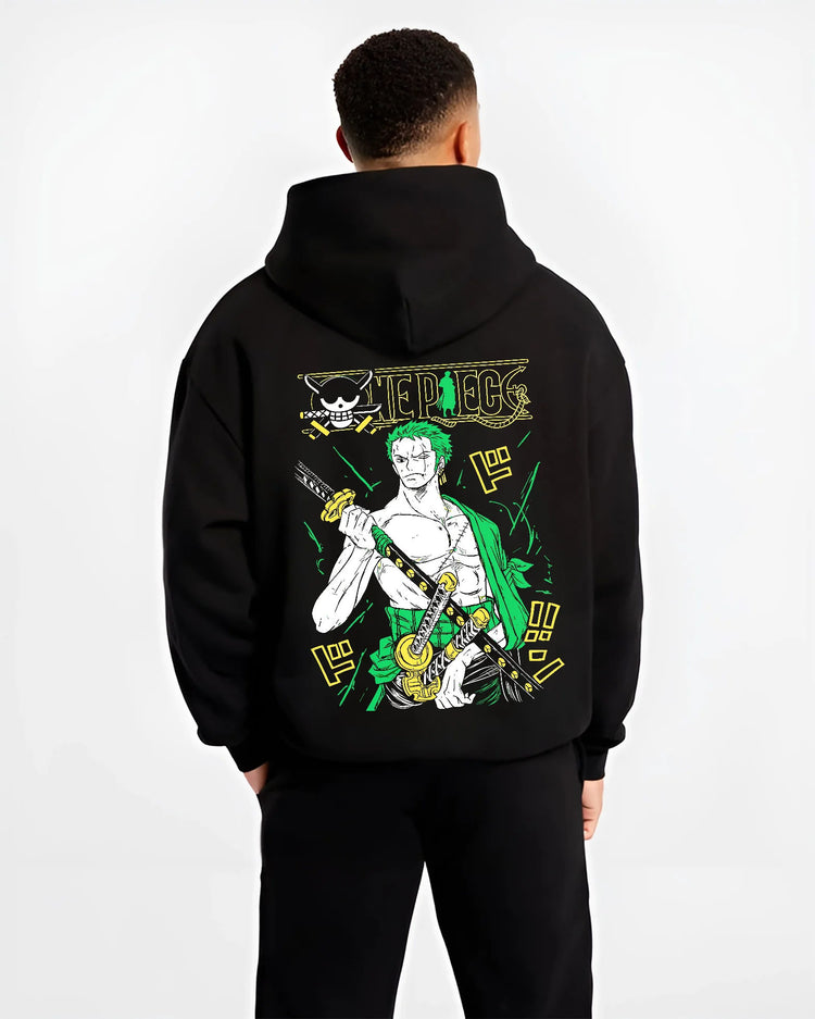 Black hoodie model back view showing Roronoa Zoro from One Piece: three swords and open green robe