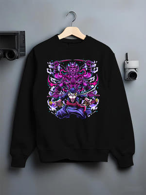 Black crewneck sweatshirt on a hanger against a grey wall, featuring Zoro Susanoo Japanese animation streetwear design with glowing purple shonen battle aura.