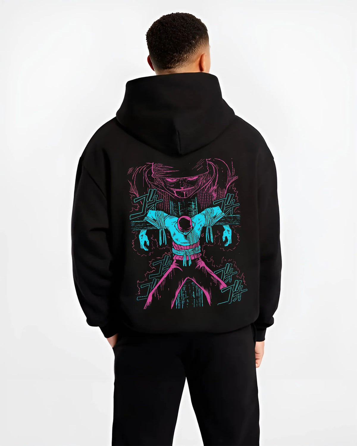 Roronoa Zoro facing execution in an early One Piece Shells Town scene on hoodie model back view