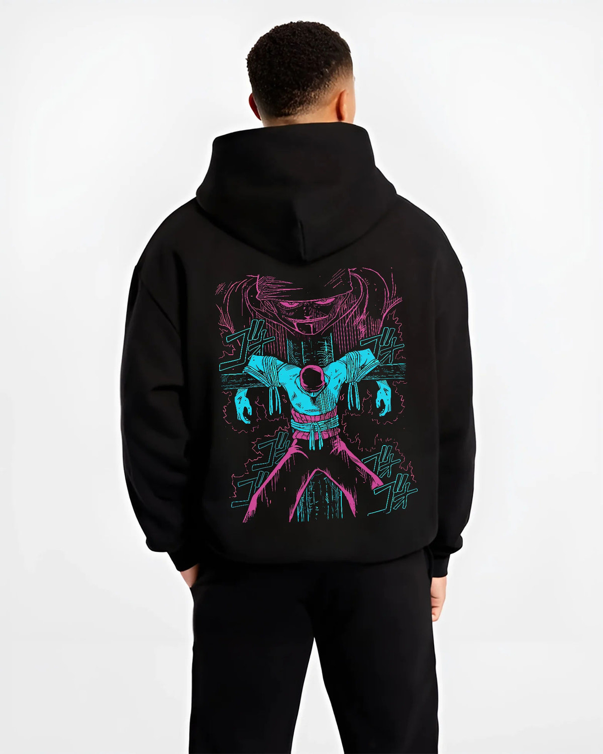 Roronoa Zoro facing execution in an early One Piece Shells Town scene on hoodie model back view