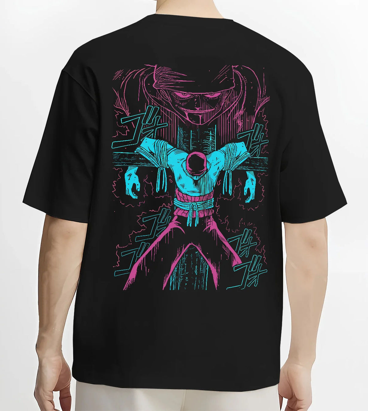 Roronoa Zoro facing execution in an early One Piece Shells Town scene on black T-shirt model back view