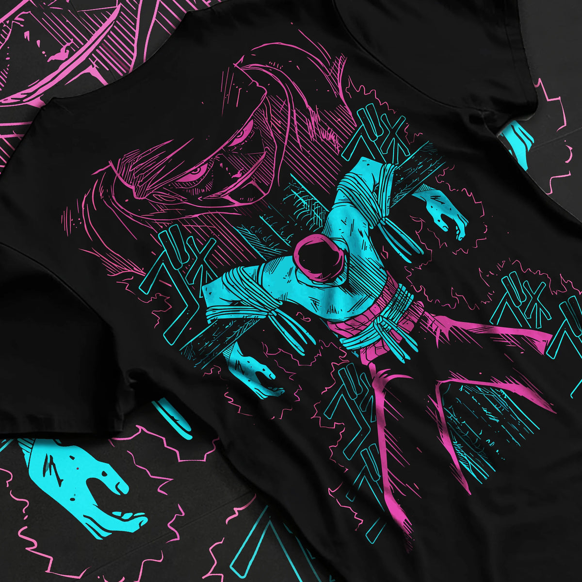 Roronoa Zoro facing execution in an early One Piece Shells Town scene on graphic T-shirt flat lay